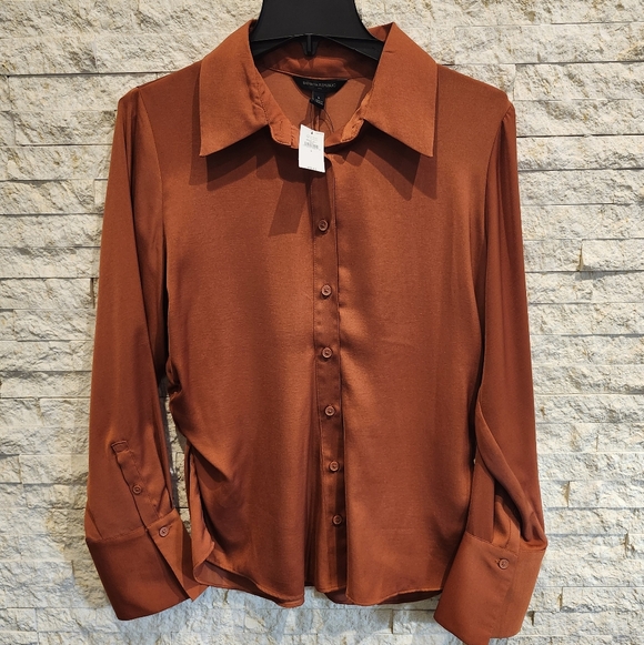 NWT! Banana Republic Ruched Sides Rust Orange Button Down Shirt LG - Picture 1 of 6